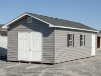 12x28 Front Entry Peak Storage Shed with Vinyl Siding and Roof Overhangs