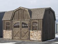 10x16 Custom Dutch Barn Storage Shed with rustic board 'n' batten siding and stonework